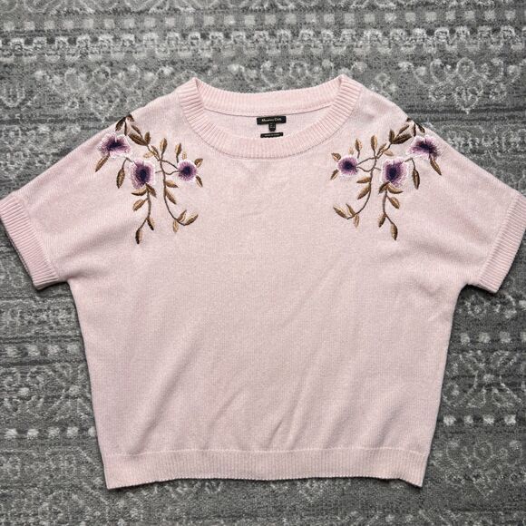 Massimo Dutti Short Sleeve Sweater Large Pale Pink Floral Embroidered Wool Blend - Picture 1 of 6